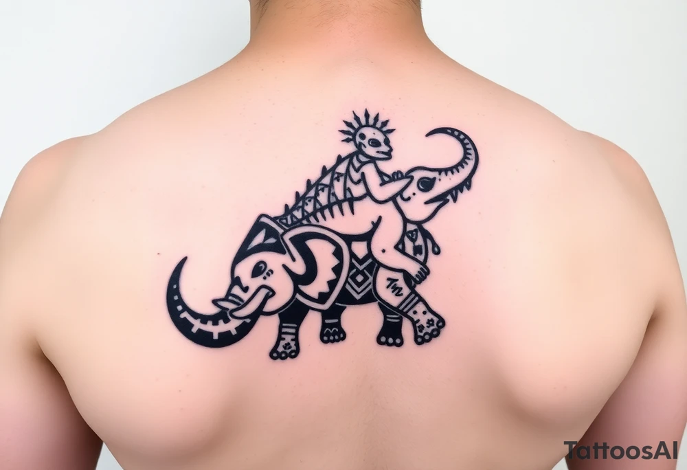 Axolotl riding an elephant tattoo idea