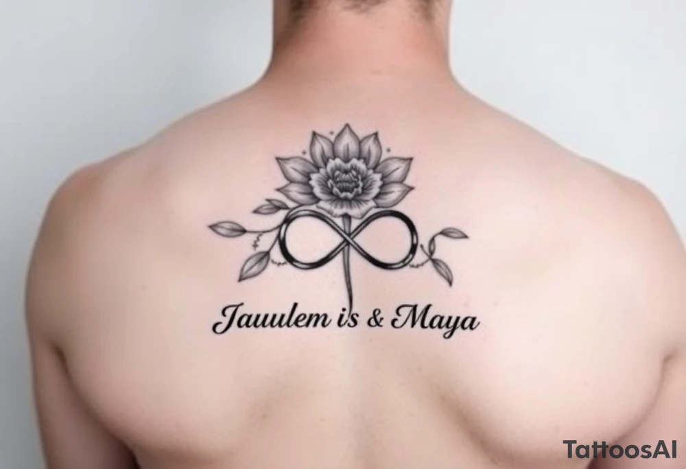 January and December birth Flower with infinity sign and the names Jayden and Maya tattoo idea