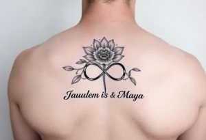 January and December birth Flower with infinity sign and the names Jayden and Maya tattoo idea