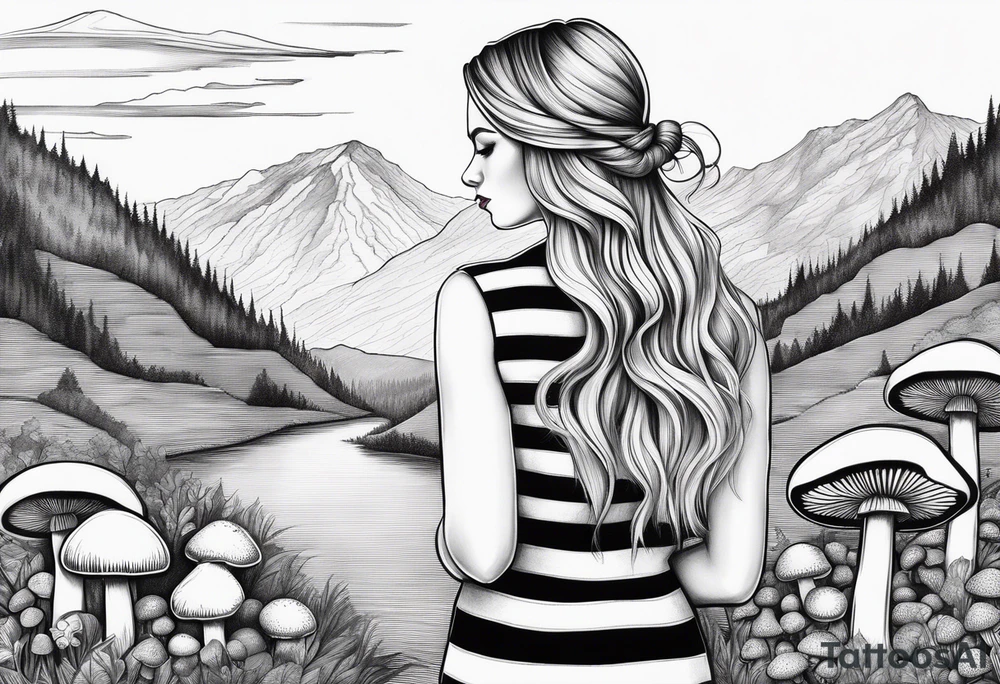 Straight long blonde hair girl in distance holding mushrooms in hand facing away toward mountains surrounded by mushrooms black and white striped dress tattoo idea
