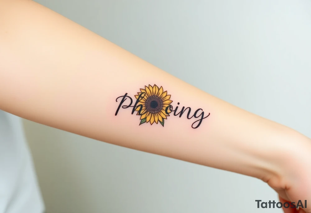 Word "PHUONG" written vertical with the sunflower. tattoo idea