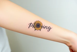 Word "PHUONG" written vertical with the sunflower. tattoo idea