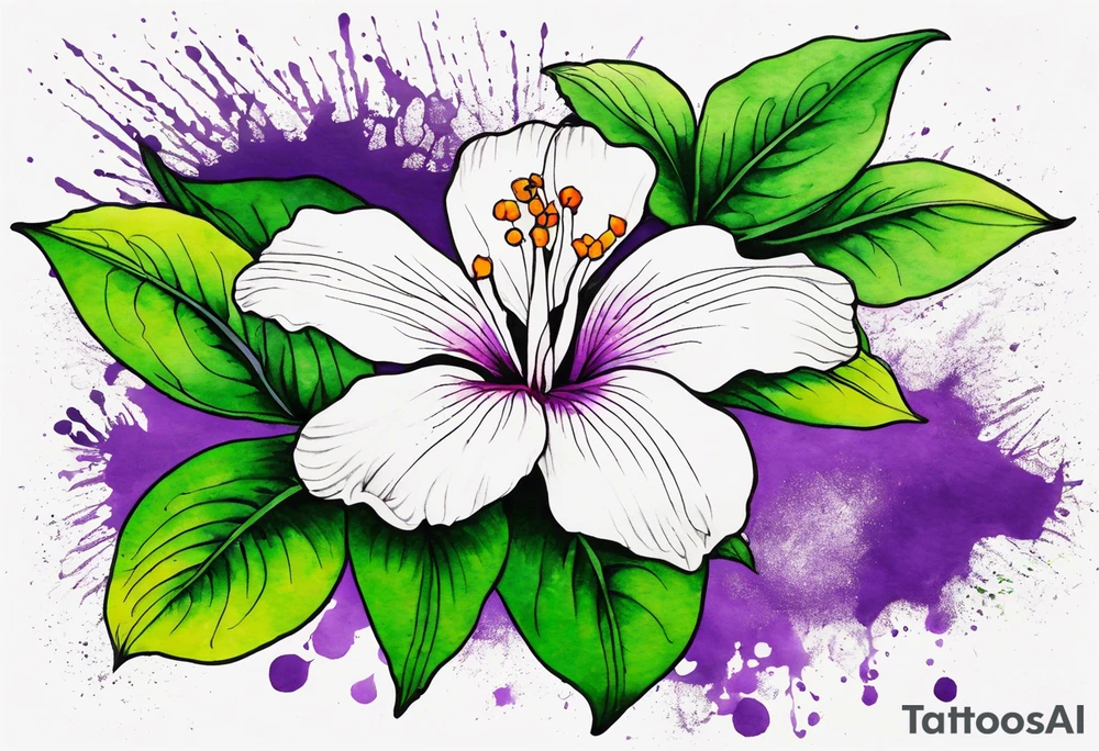 A mystical outline of a rio dipladenia flower and a green/purple watercolor splash in the background tattoo idea