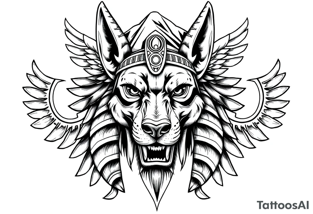 Anubis god powerful face muscle in Egypt style with mantle on head dog face surrounded Egyptian symbols tattoo idea