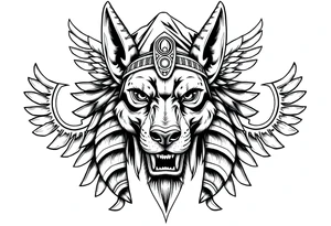 Anubis god powerful face muscle in Egypt style with mantle on head dog face surrounded Egyptian symbols tattoo idea