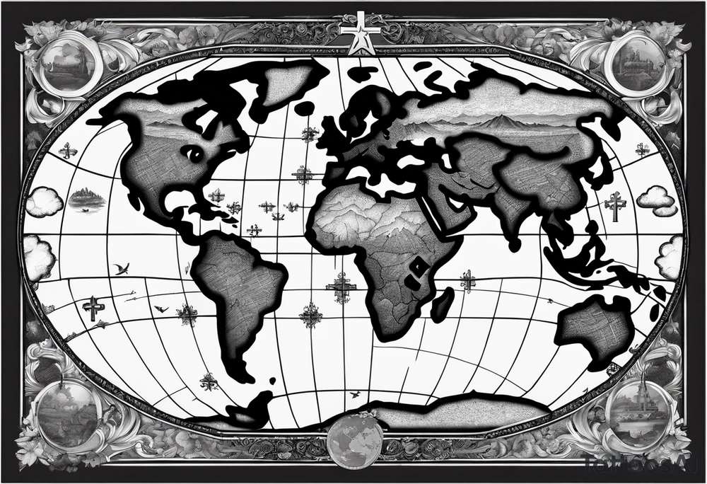 World map with the cross in the middle hovering over it tattoo idea