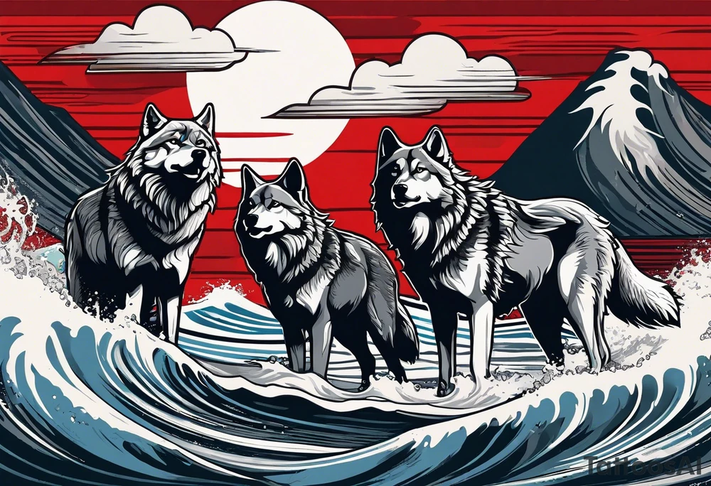 a pack of 3 howling muscular  gray wolves surfing waves with a linear background with red, white and black and gray tattoo idea