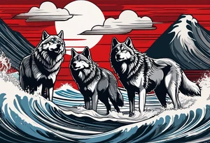 a pack of 3 howling muscular  gray wolves surfing waves with a linear background with red, white and black and gray tattoo idea