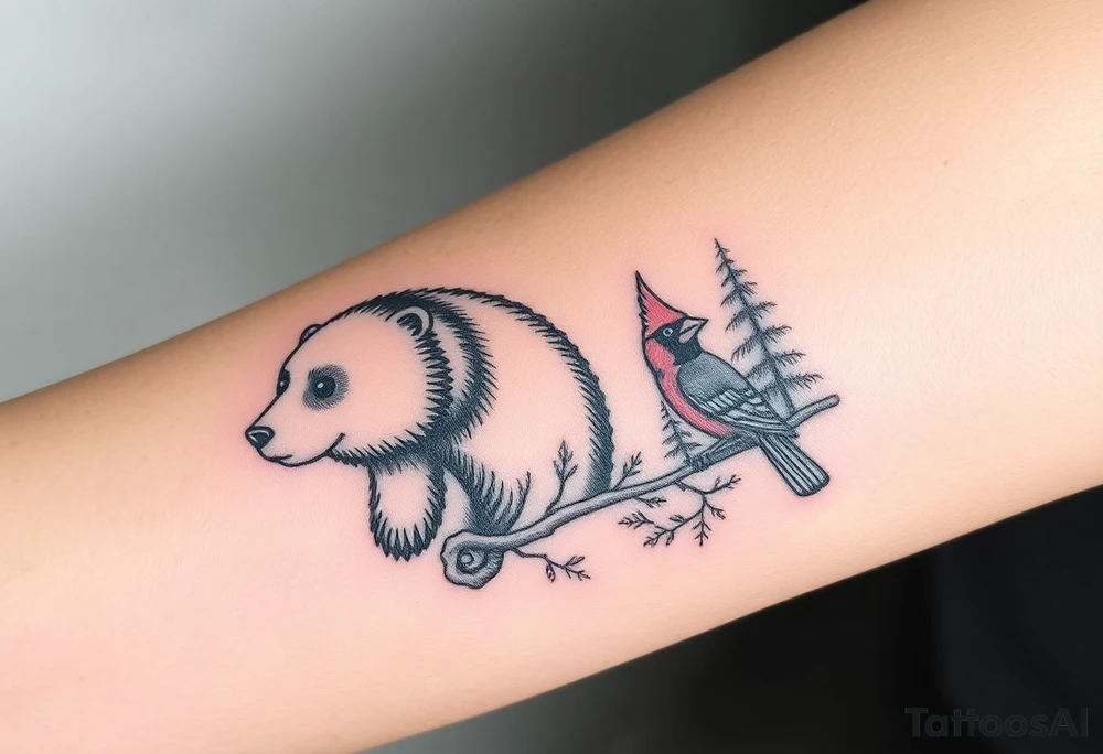 Realistic Woodland with a bear, woodpecker and cardinal tattoo idea