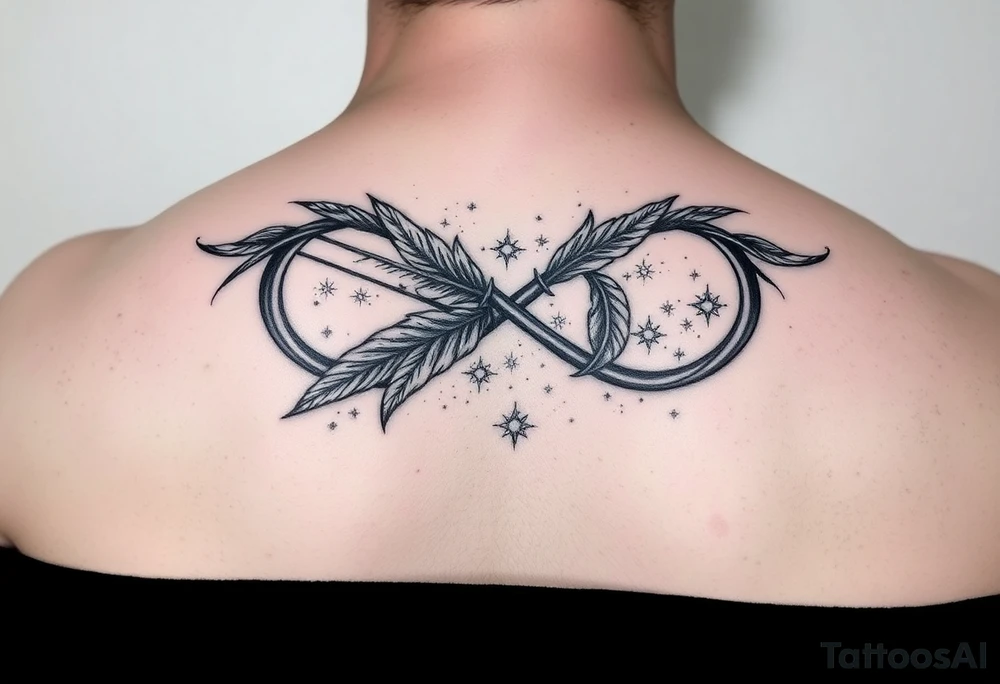 infinity symbol woven with floating feathers and stardust tattoo idea