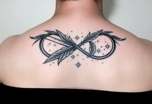 infinity symbol woven with floating feathers and stardust tattoo idea