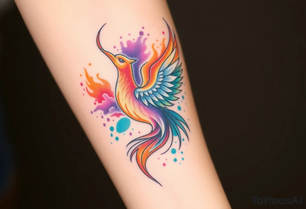 Phoenix engulfed in roaring flames with purple, orange, teal and green splashes, looking up tattoo idea