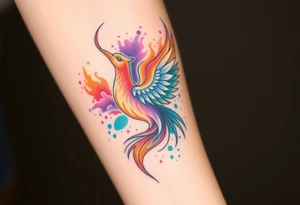 Phoenix engulfed in roaring flames with purple, orange, teal and green splashes, looking up tattoo idea