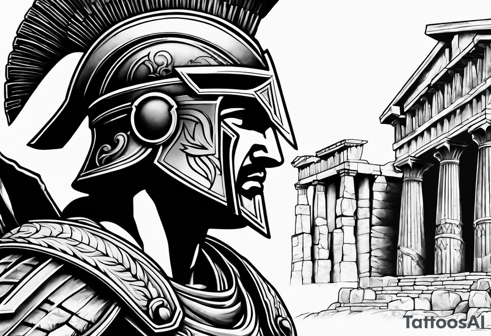 Close up of spartan solider face looking right at distant roman ruins tattoo idea