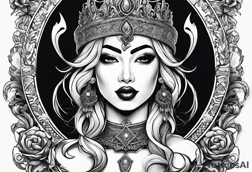 Latina Queen ahegao, drooling, happy, Spade Symbol with letter Q in the center of the spade framed, surrounded by whitespace tattoo idea