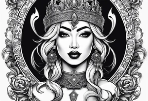 Latina Queen ahegao, drooling, happy, Spade Symbol with letter Q in the center of the spade framed, surrounded by whitespace tattoo idea