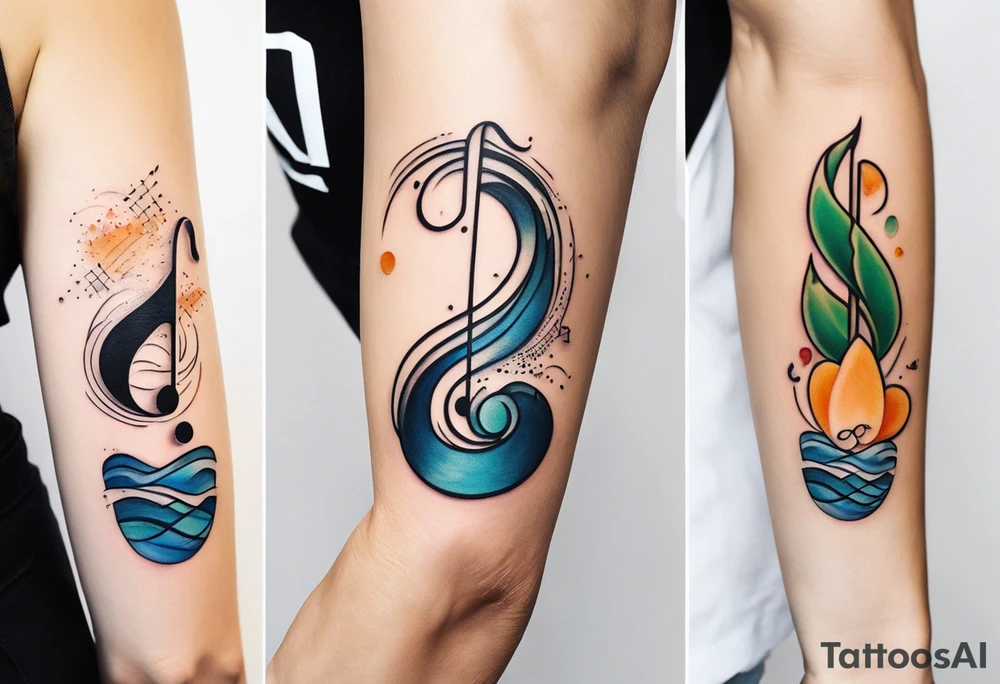simple icons down the back of the arm featuring four icons:

1. a music note on a staff
2. a wave of water
3. a pocket
4. mushroom tattoo idea