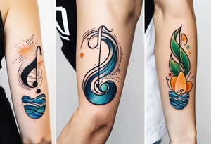 simple icons down the back of the arm featuring four icons:

1. a music note on a staff
2. a wave of water
3. a pocket
4. mushroom tattoo idea
