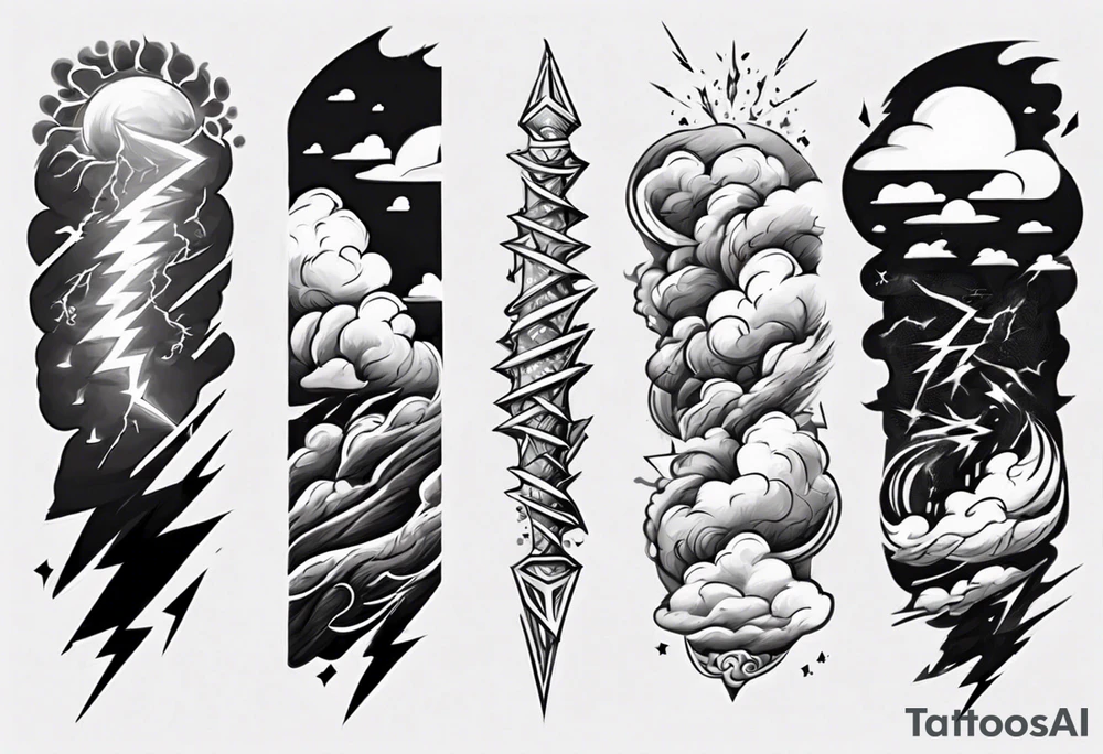 forearm sleeve lightning and clouds pattern tattoo idea