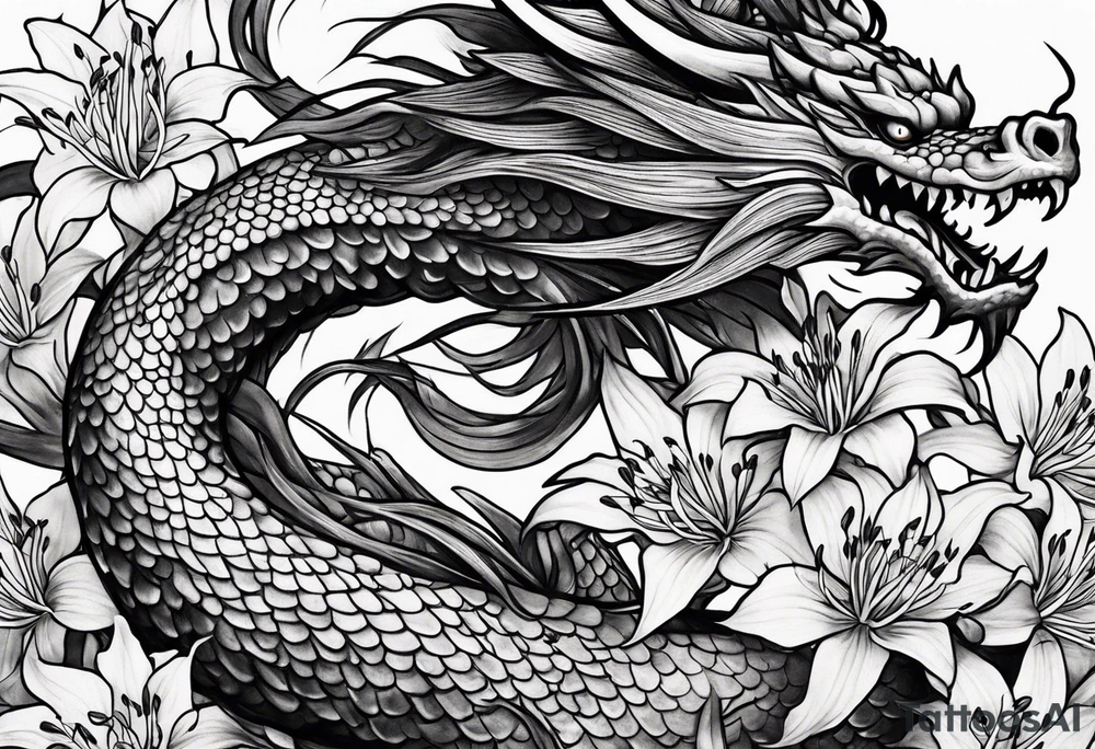 full Dragon with red Spider lilies surrounding it tattoo idea