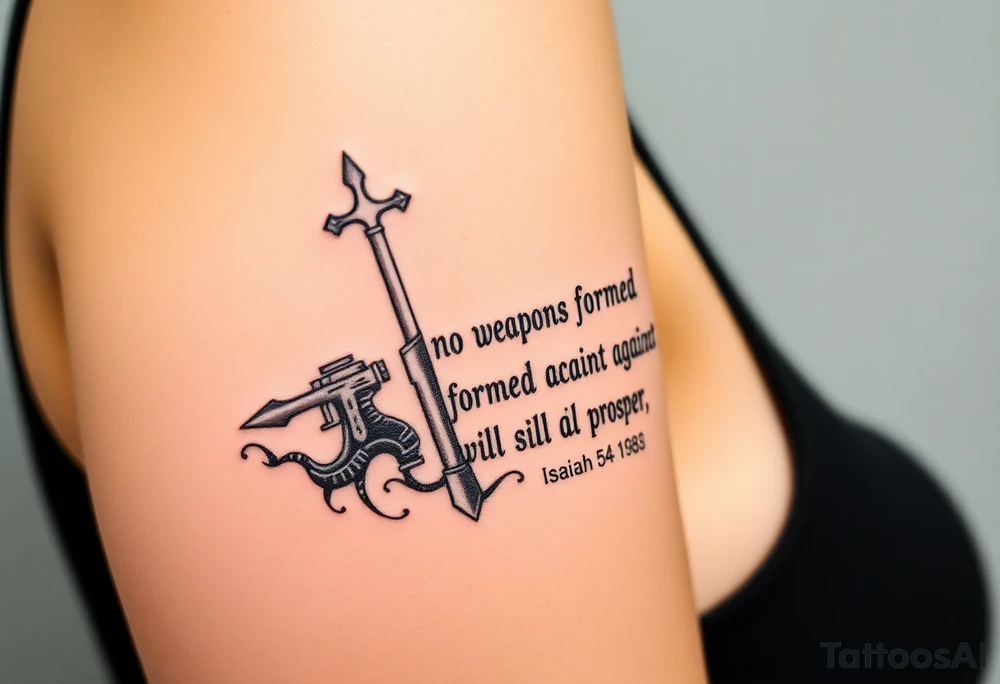 Strong biblical image that depicts, Isaiah 54:17, no weapon formed against me shall prosper under water tattoo idea