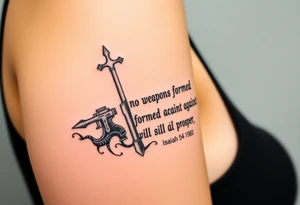 Strong biblical image that depicts, Isaiah 54:17, no weapon formed against me shall prosper under water tattoo idea
