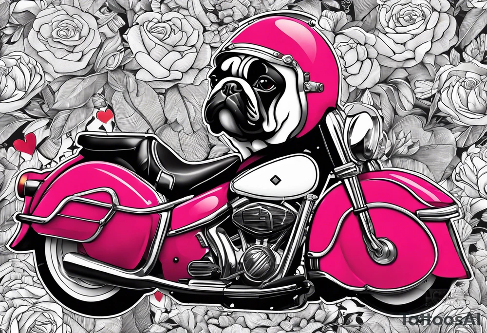 casque pompier, bouledogue français date et heure de naissance, rose, moto,  sur le bras complet tattoo idea