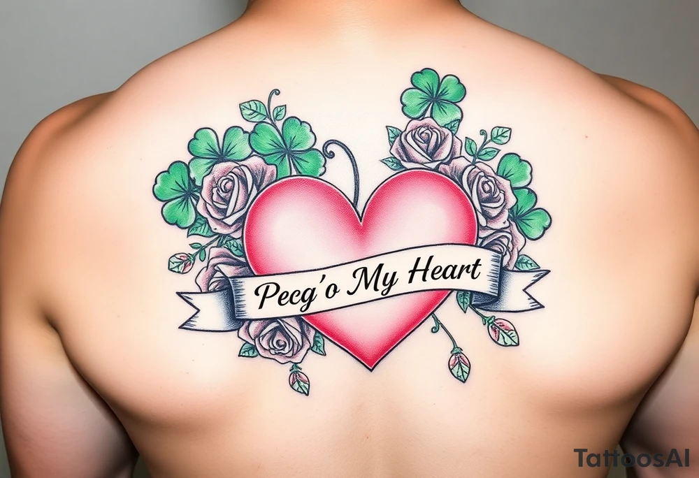 Bunch of Green shamrocks & a few red roses with a big Pink heart and a banner across the heart that says " Peg'o My Heart" tattoo idea