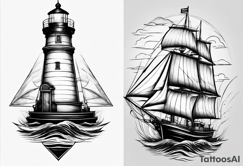 maritime lighthouse in a front view sailboat serving as a mast for a sail. tattoo idea