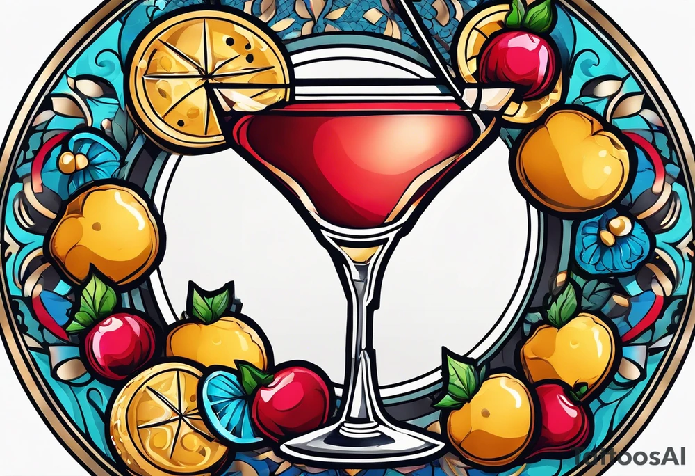 bold, colorful, simple design, cocktail, cookie, in a circle design, traditional american tattoo tattoo idea