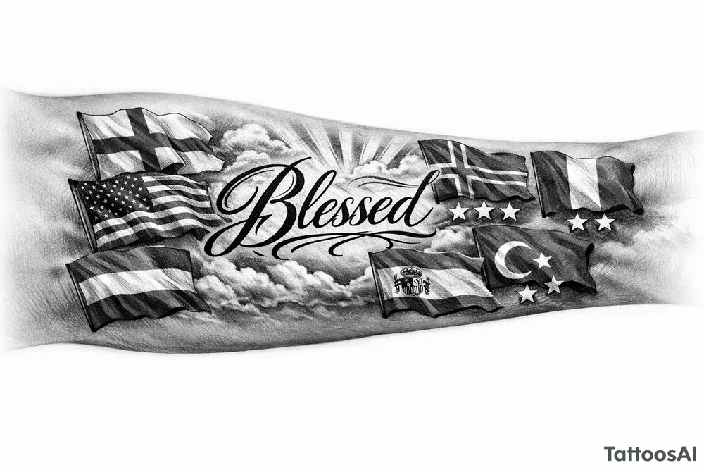 Football related England USA Iceland Italy Spain Turkey France Hungary flags inside forearm can u put 3 stars under iceland , 2 under turkey and italy
And quote in middle blessed flags to be around it tattoo idea