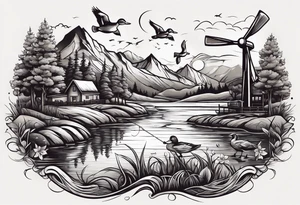 Blended sleeve of fishing on a river surrounded by mountains and mix of ducks in a marsh with wind turbines below tattoo idea