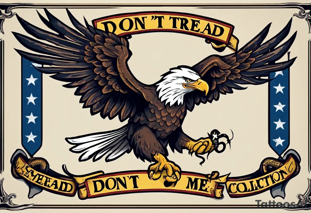 American traditional Bald Eagle carrying a snake in its talons, with a banner reading “don't tread on me” tattoo idea