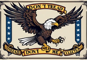 American traditional Bald Eagle carrying a snake in its talons, with a banner reading “don't tread on me” tattoo idea