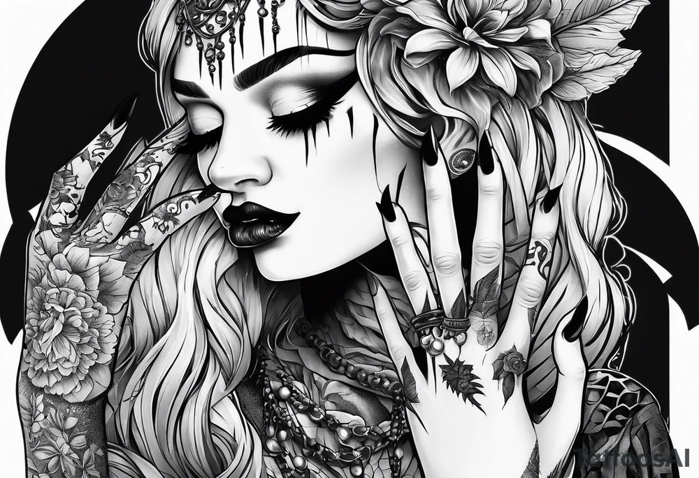 Horror women’s fingers with nails are on the half of her face tattoo idea