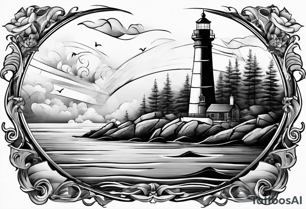 maritime lighthouse partially hidden by its  large fixed sails. tattoo idea