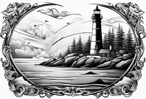 maritime lighthouse partially hidden by its  large fixed sails. tattoo idea
