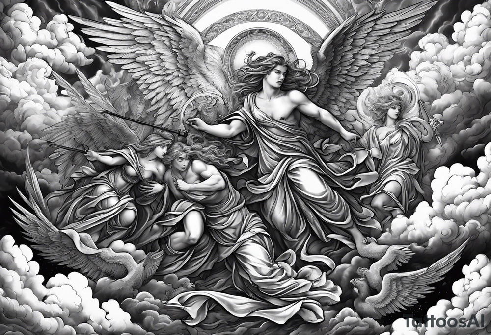 Angels fighting against demons in the clouds tattoo idea