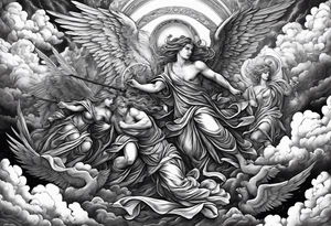 Angels fighting against demons in the clouds tattoo idea