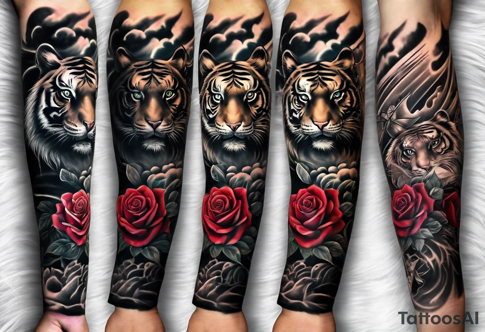 Full right arm sleeve  tiger with a crown and third eye with a hour glass instead the hourglass brain cover in in clouds and a heart cover in grass and roots with roses and smoke all over the arm tattoo idea