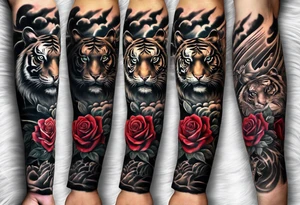 Full right arm sleeve  tiger with a crown and third eye with a hour glass instead the hourglass brain cover in in clouds and a heart cover in grass and roots with roses and smoke all over the arm tattoo idea