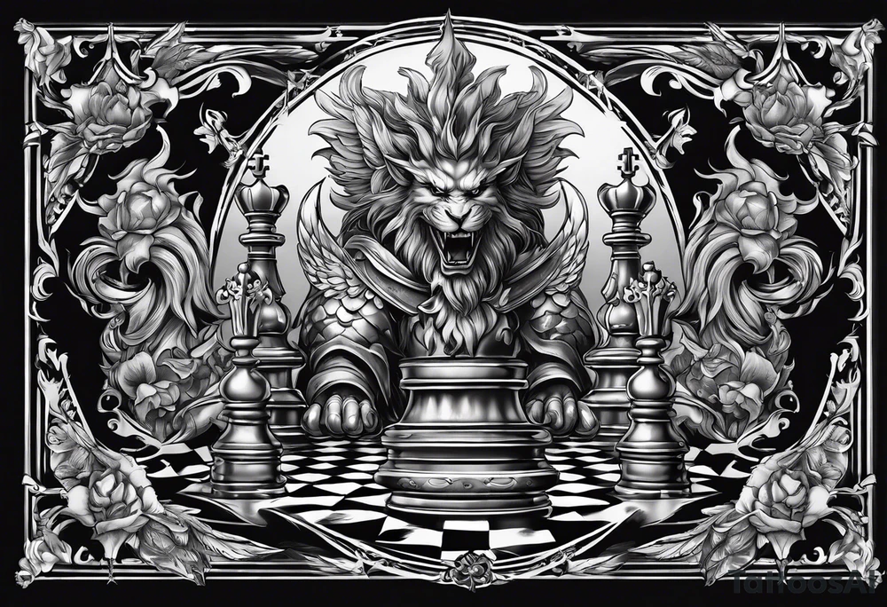 Design featuring a chessboard with angelic and demonic chess pieces engaged in a strategic game, symbolizing the eternal battle between good and evil tattoo idea
