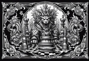 Design featuring a chessboard with angelic and demonic chess pieces engaged in a strategic game, symbolizing the eternal battle between good and evil tattoo idea