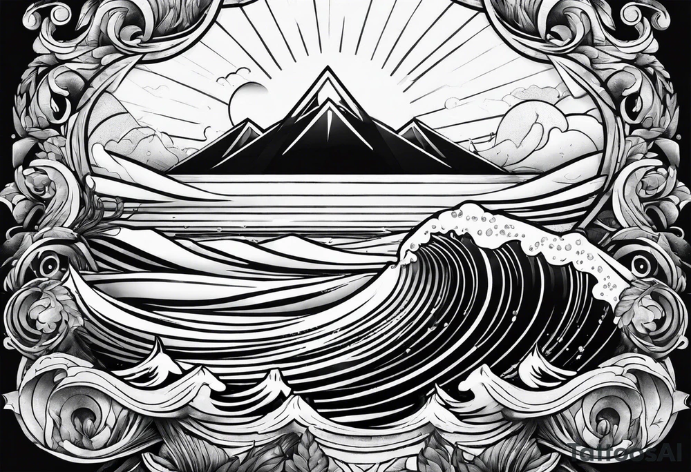 Simple ocean wave inside of a diamond with sun inside as well tattoo idea