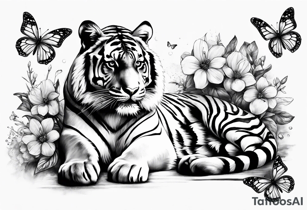 realistic full body tiger, 3 butterflies, flowers for ladies thigh / hip shaded tattoo idea