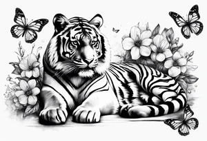 realistic full body tiger, 3 butterflies, flowers for ladies thigh / hip shaded tattoo idea