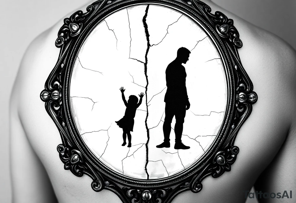 Cracked antique mirror showing dual reflection - silhouette of small child reaching upward on one side and strong adult figure on opposite side, the crack pattern itself helps divide and define the two figures, ornate Victorian frame with geometric elements, optical illusion style where crack separates child from adult, black and grey with subtle shading, upper arm tattoo design tattoo idea