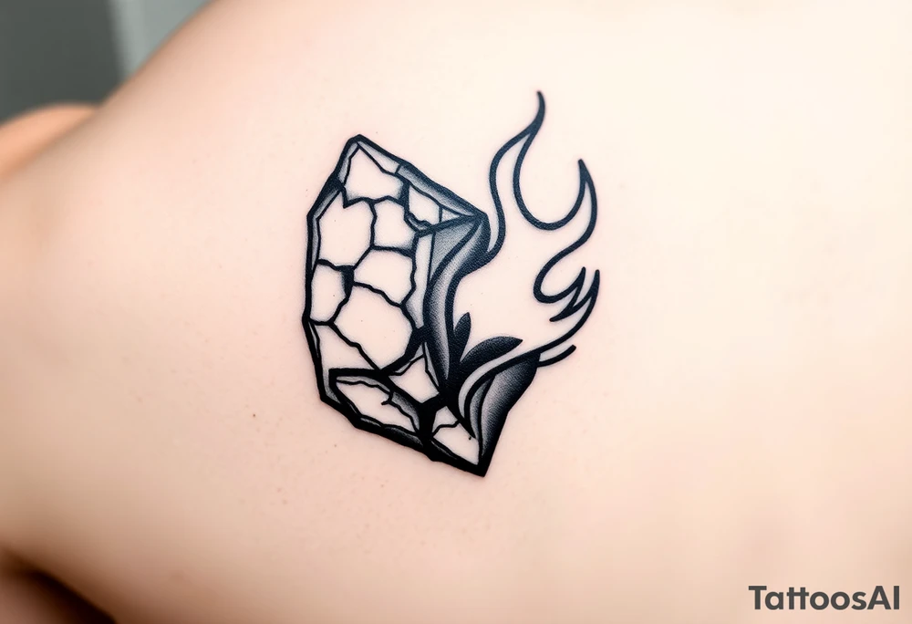 An abstract masculine tattoo combining two elements: a rugged, cracked stone shape symbolizing endurance and solitude, entwined with a sharp, flowing flame representing passion, love, and inner power. The stone has fine cracks and textures, while the flame features clean, bold lines. The two merge seamlessly, contrasting hard edges with dynamic curves. Design uses bold black linework with minimal shading, emphasizing strength and emotional complexity. tattoo idea
