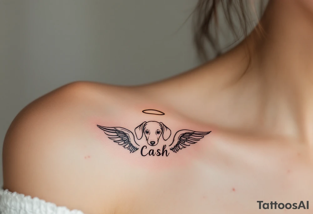 Dachshund ears between wings with a halo above and the name Cash tattoo idea