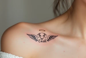 Dachshund ears between wings with a halo above and the name Cash tattoo idea